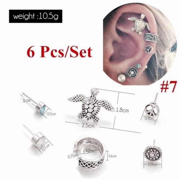 Sea Turtle & Peace Sign 6 Piece Antiqued-Silver Pierced Earrings & Ear Cuff Set - Picture 2 of 3